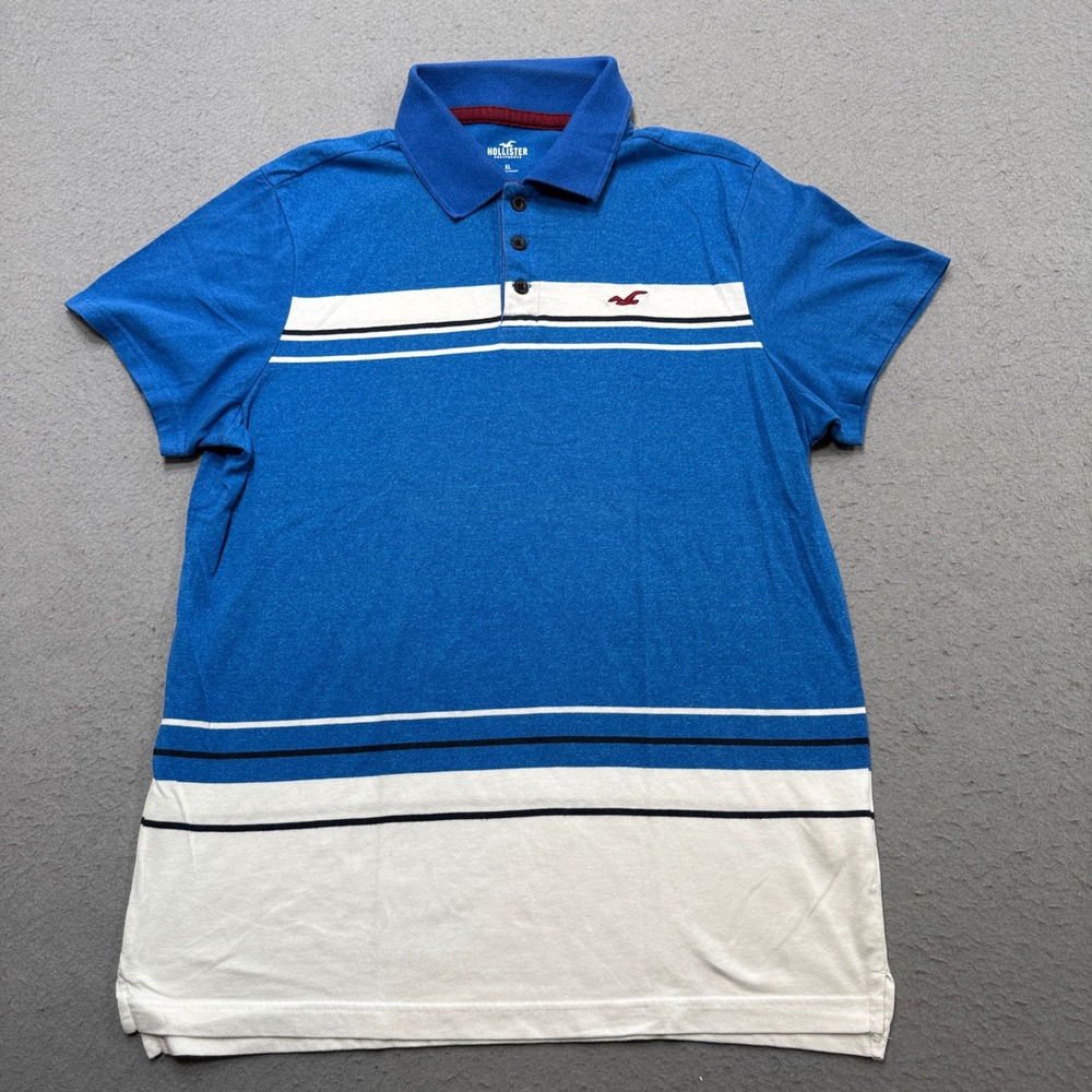 Hollister Polo Shirt Men's XL Blue White Striped Short Sleeve Athletic Varsity